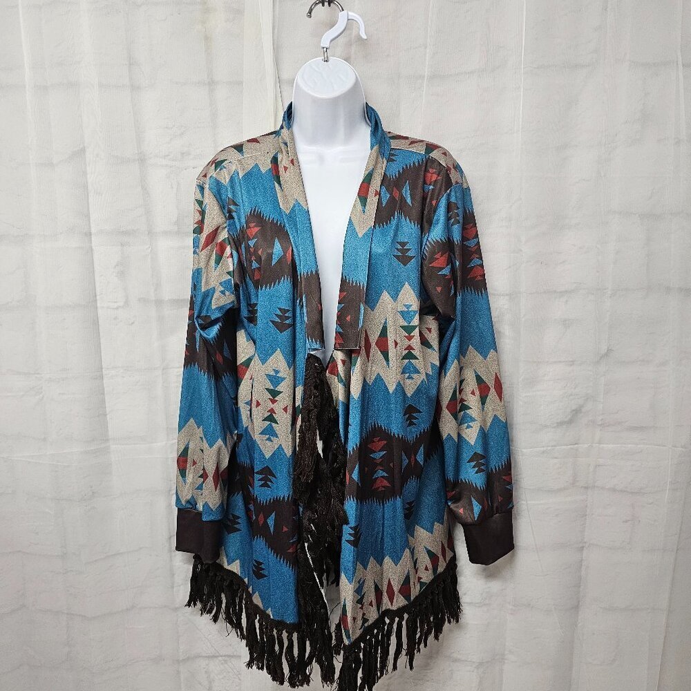 Blue Brown Aztec Kimono Fringed Southwestern Bohemian Cardigan XL
